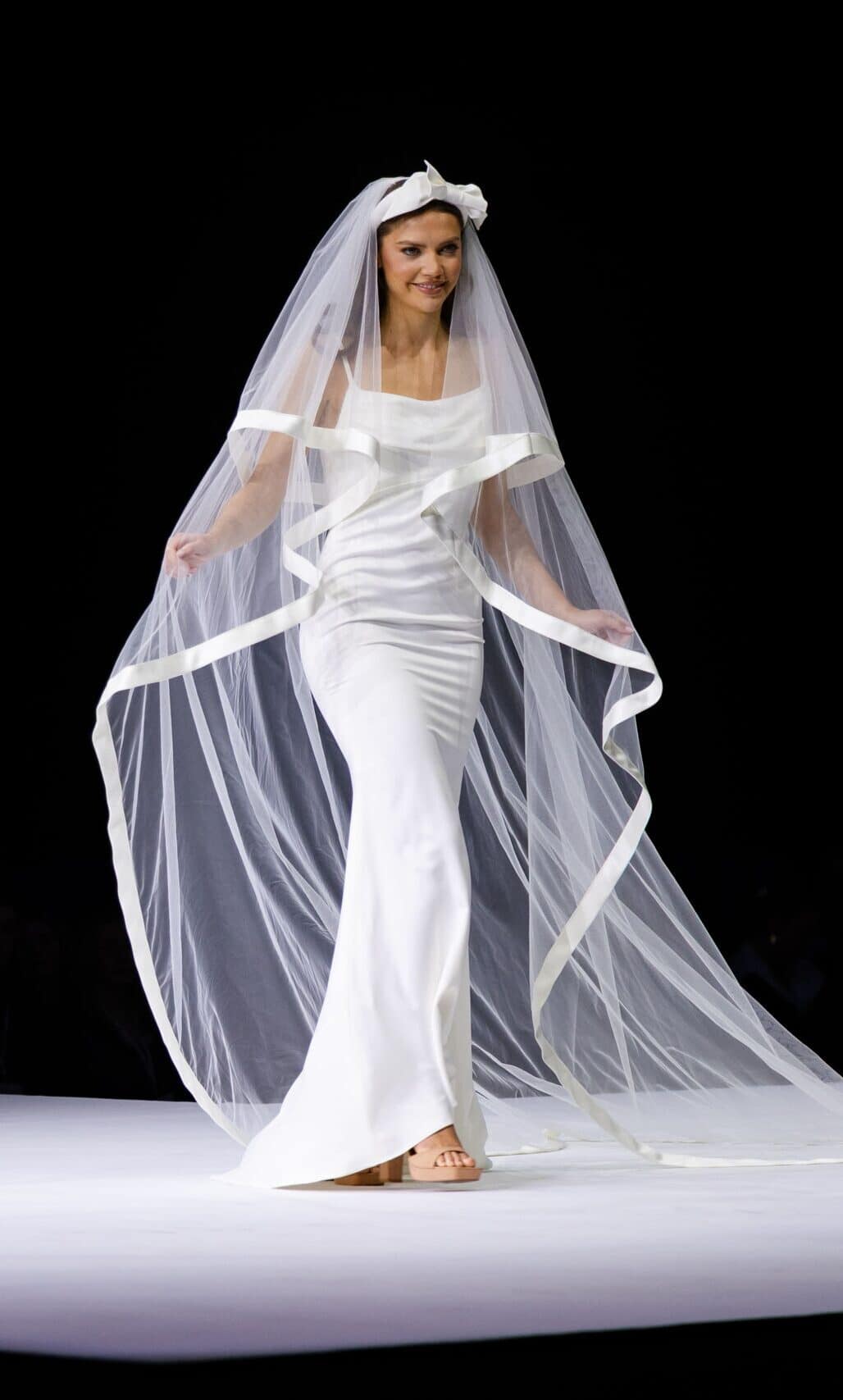 Contemporary simple satin slip dress with dramatic veil with wide satin waterfall edge