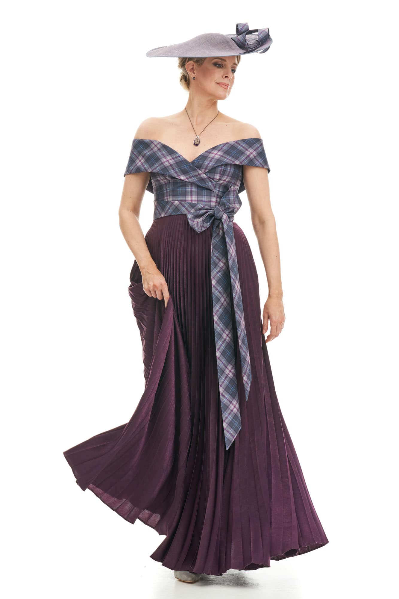 Long Sunray Pleat Dress With Tartan Off Shoulder Bodice
