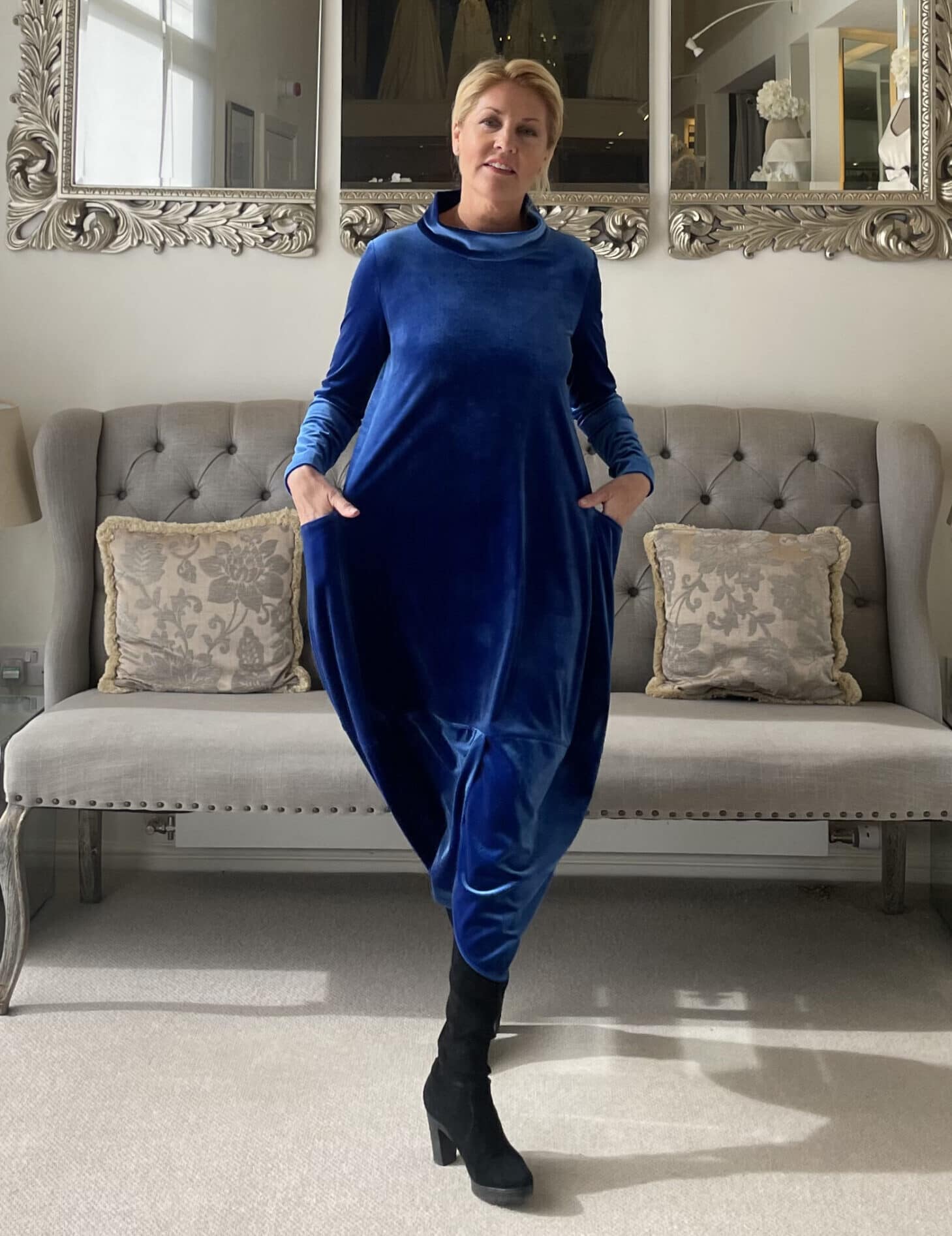 Autumn Special Offer Model in brilliant blue velvet dress