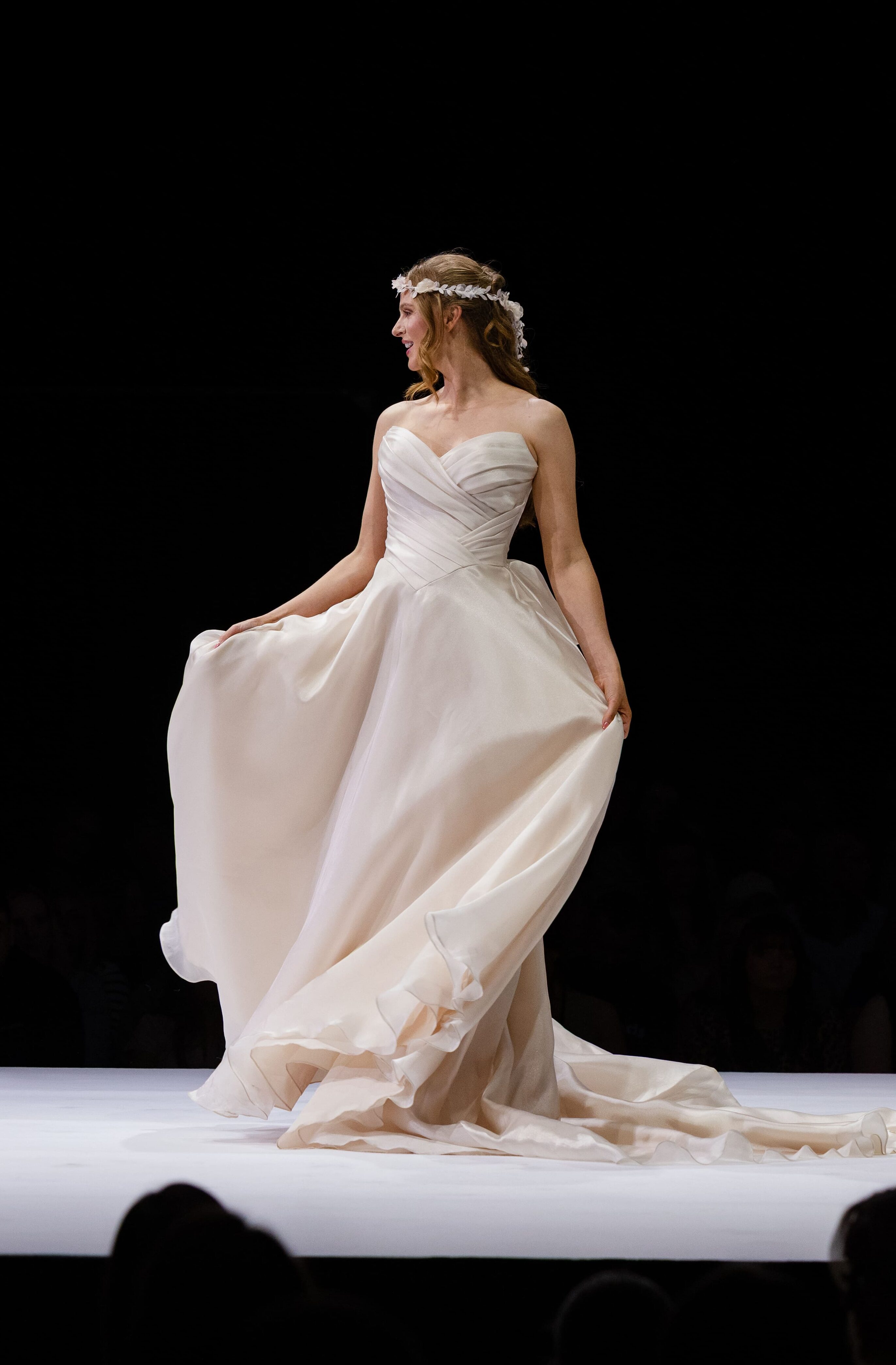 Blush organza strapless wedding dress with romantic full skirt