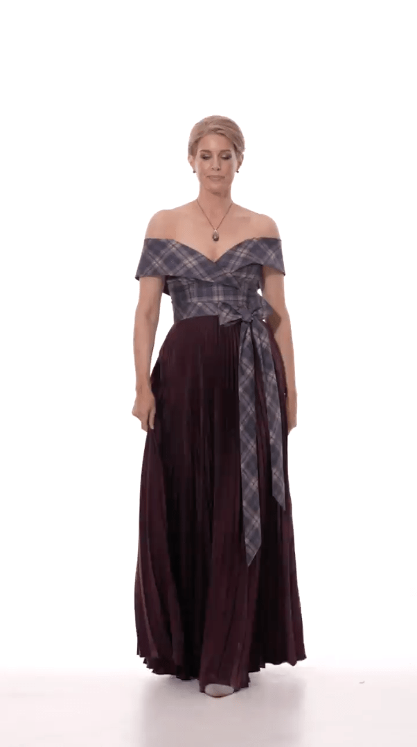 Long Sunray Pleat Dress With Tartan Off Shoulder Bodice