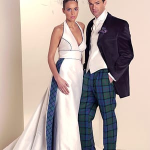 Scottish wedding dress with tartan train