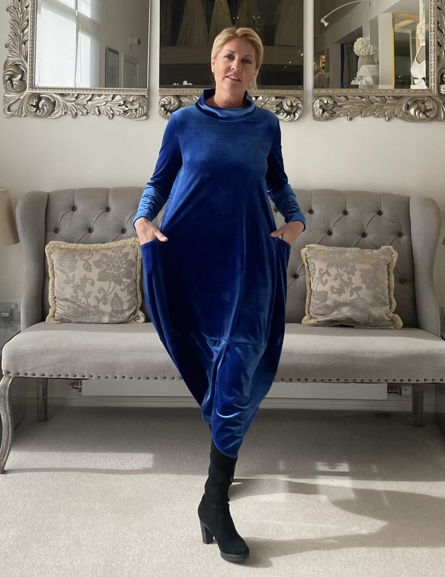 Autumn Special Offer Model in brilliant blue velvet dress