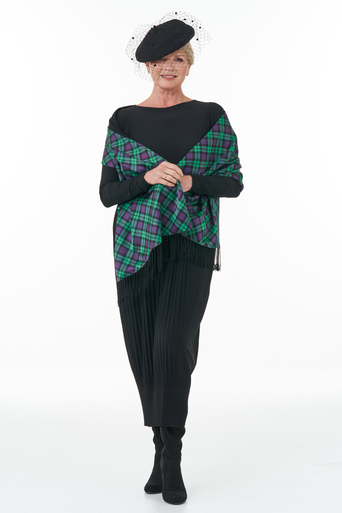 Christmas outfit Black pleat dress with tartan wrap