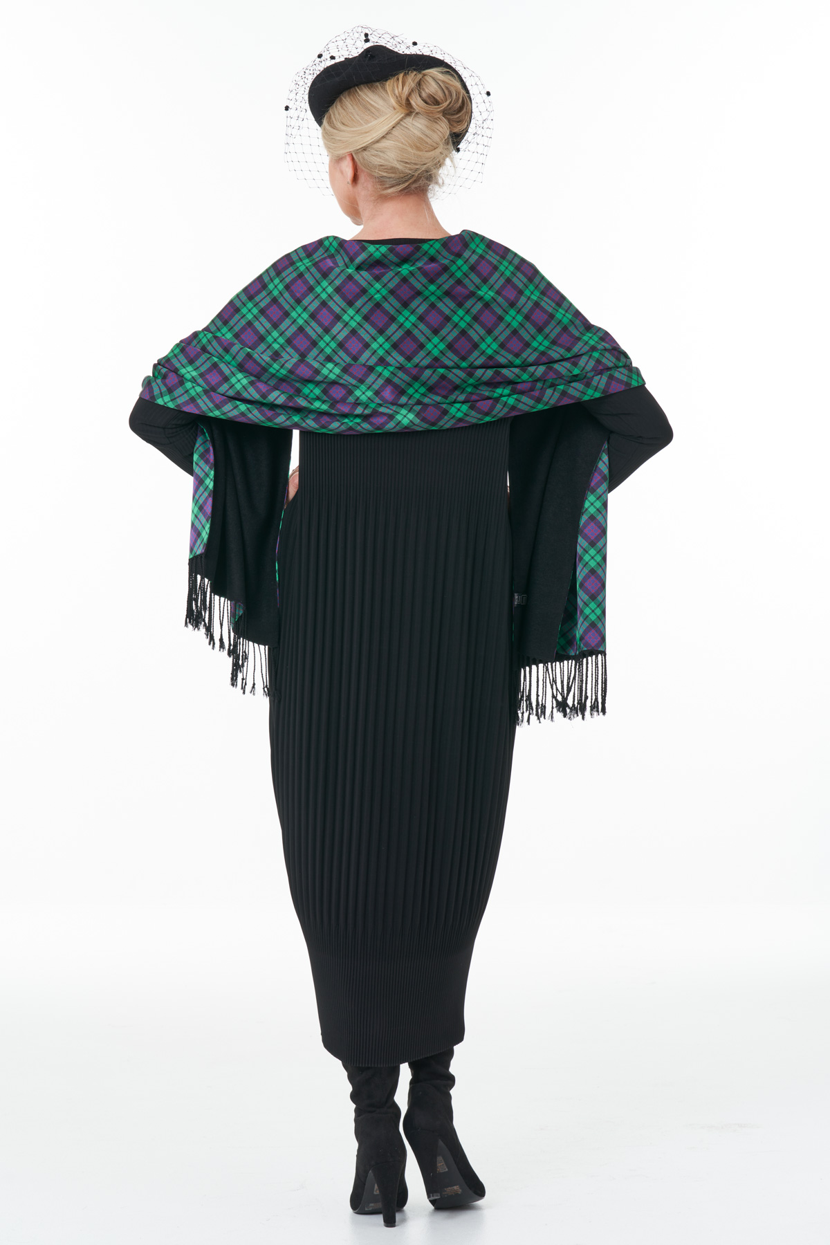 Black pleat dress with tartan wrap