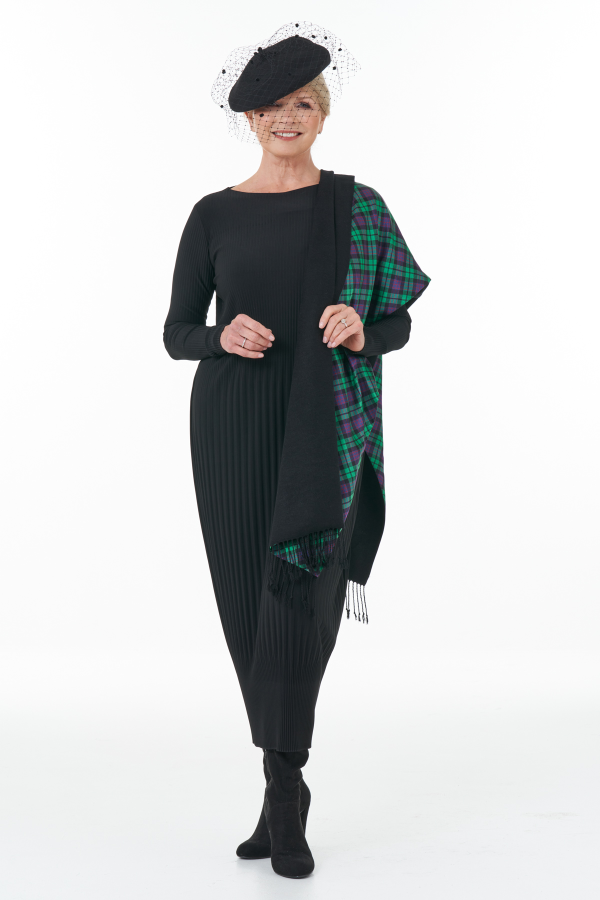 Black pleat dress with tartan wrap