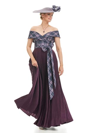 Long Sunray Pleat Dress With Tartan Off Shoulder Bodice
