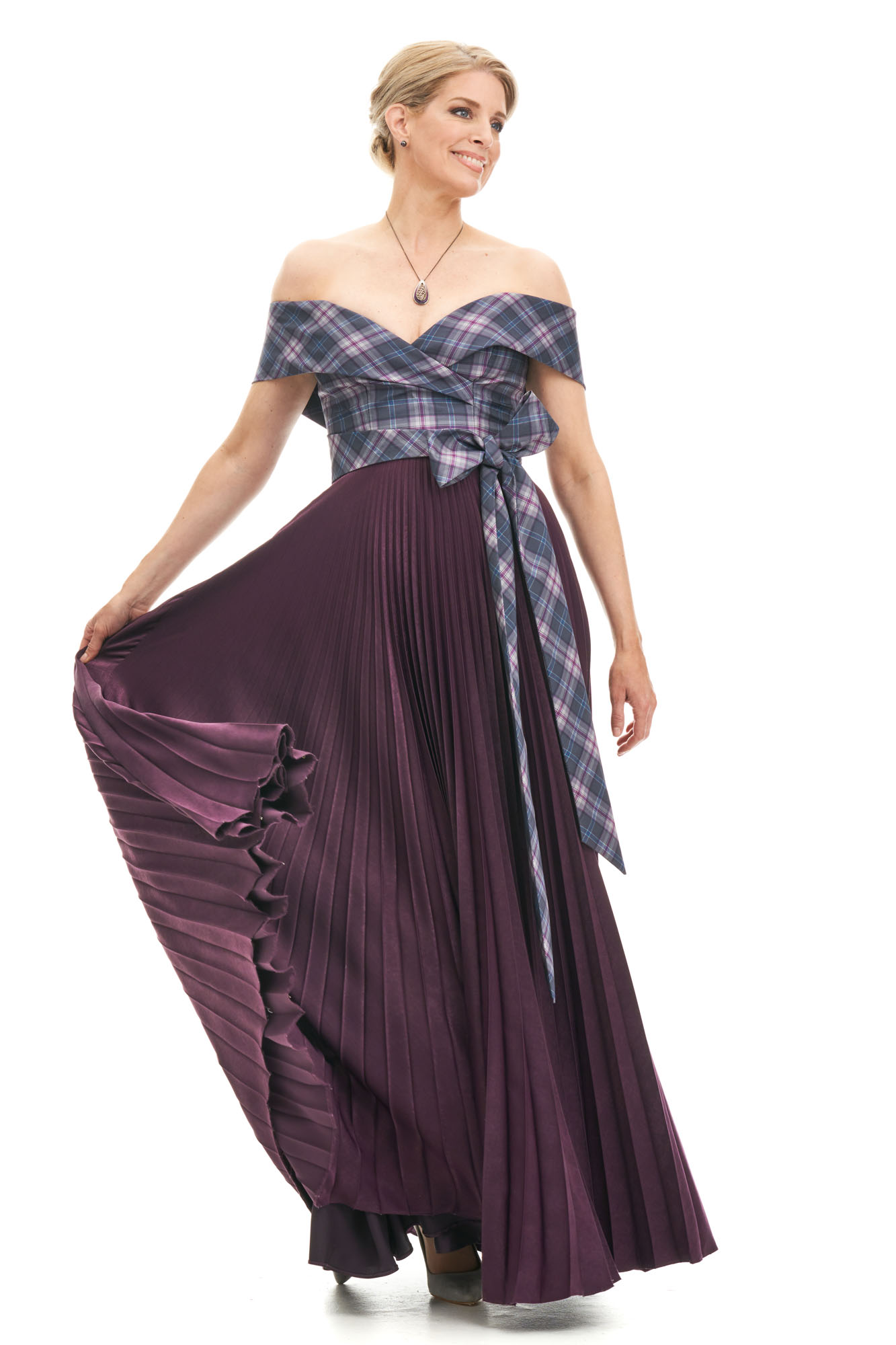 Long Sunray Pleat Dress With Tartan Off Shoulder Bodice