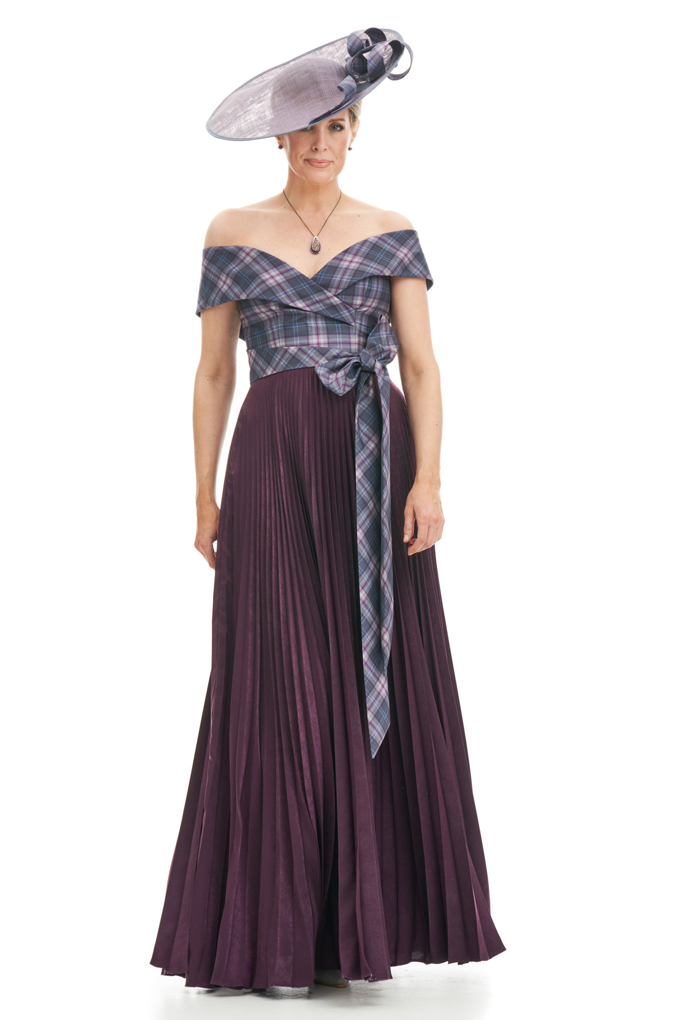 Long Sunray Pleat Dress With Tartan Off Shoulder Bodice