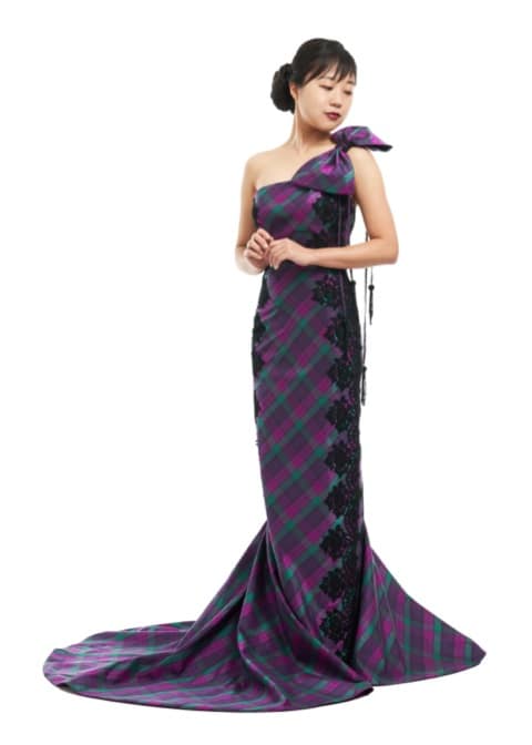 Bow Shoulder Strap Tartan Evening Dress for Japanese Exhibition