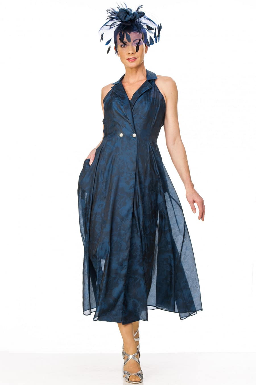 Halter Neck Organza Jacquard Coat Dress