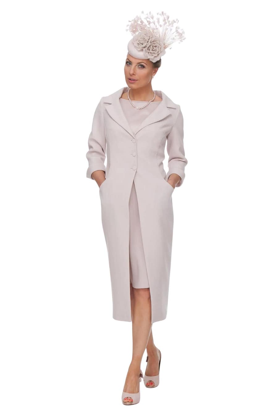 long coat and dress outfit mother of the bride fashion for petite and curvy frame