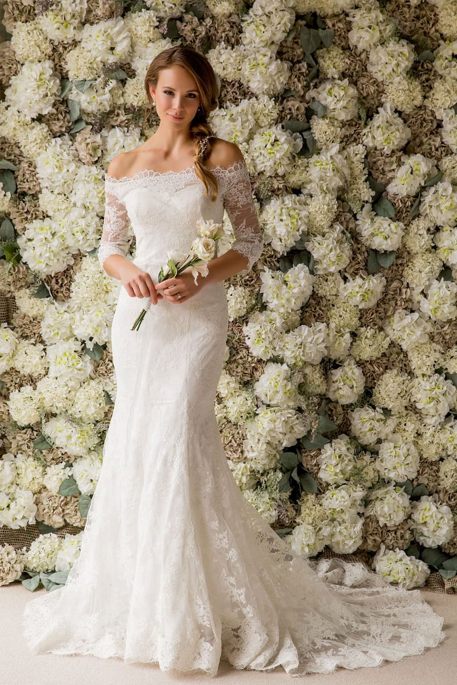 Bardot Lace Fishtail Wedding Dress