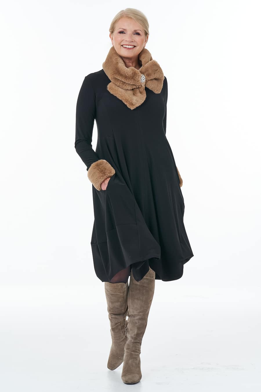 Black long sleeved V-neck bubble dress