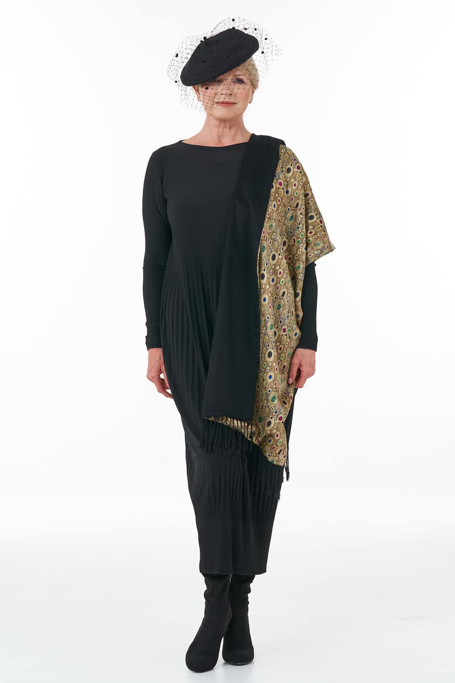 Black pleat dress with gold stole