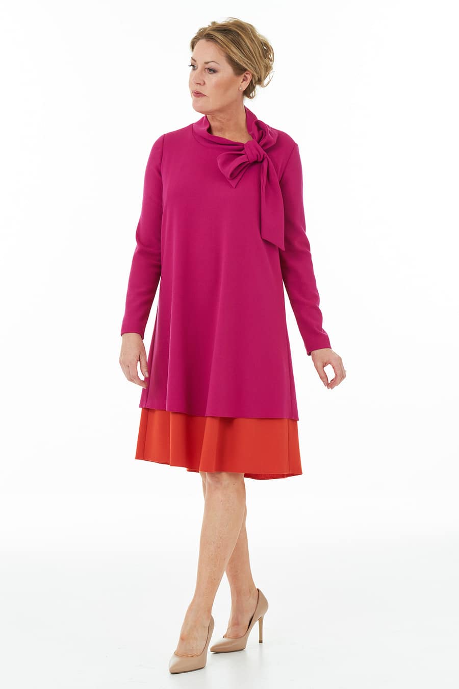 Fuchsia and Orange Bow Neck Dress