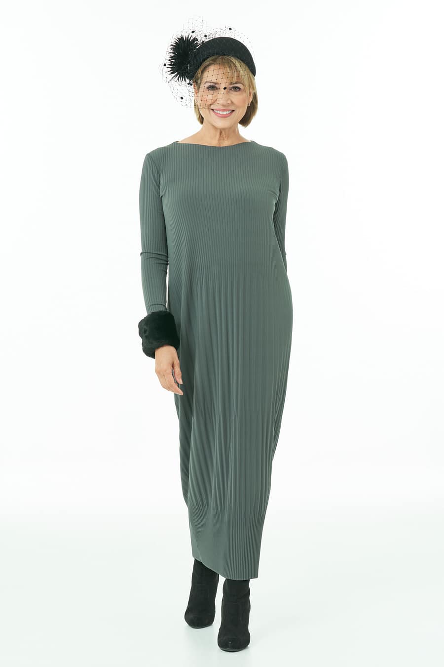 Olive Pleated Long Dress