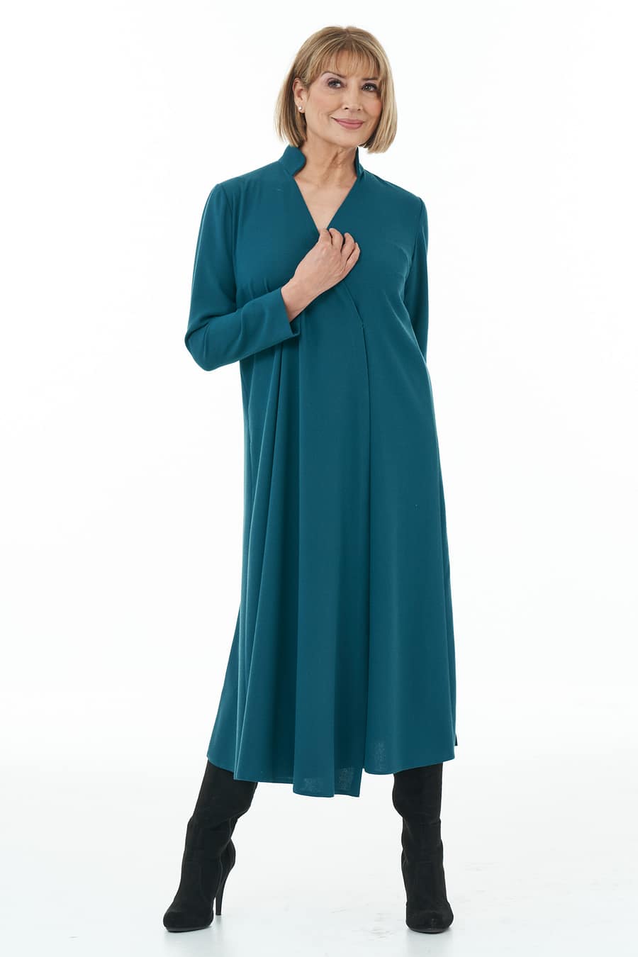 Stand Collar Wrap Long Dress in Teal