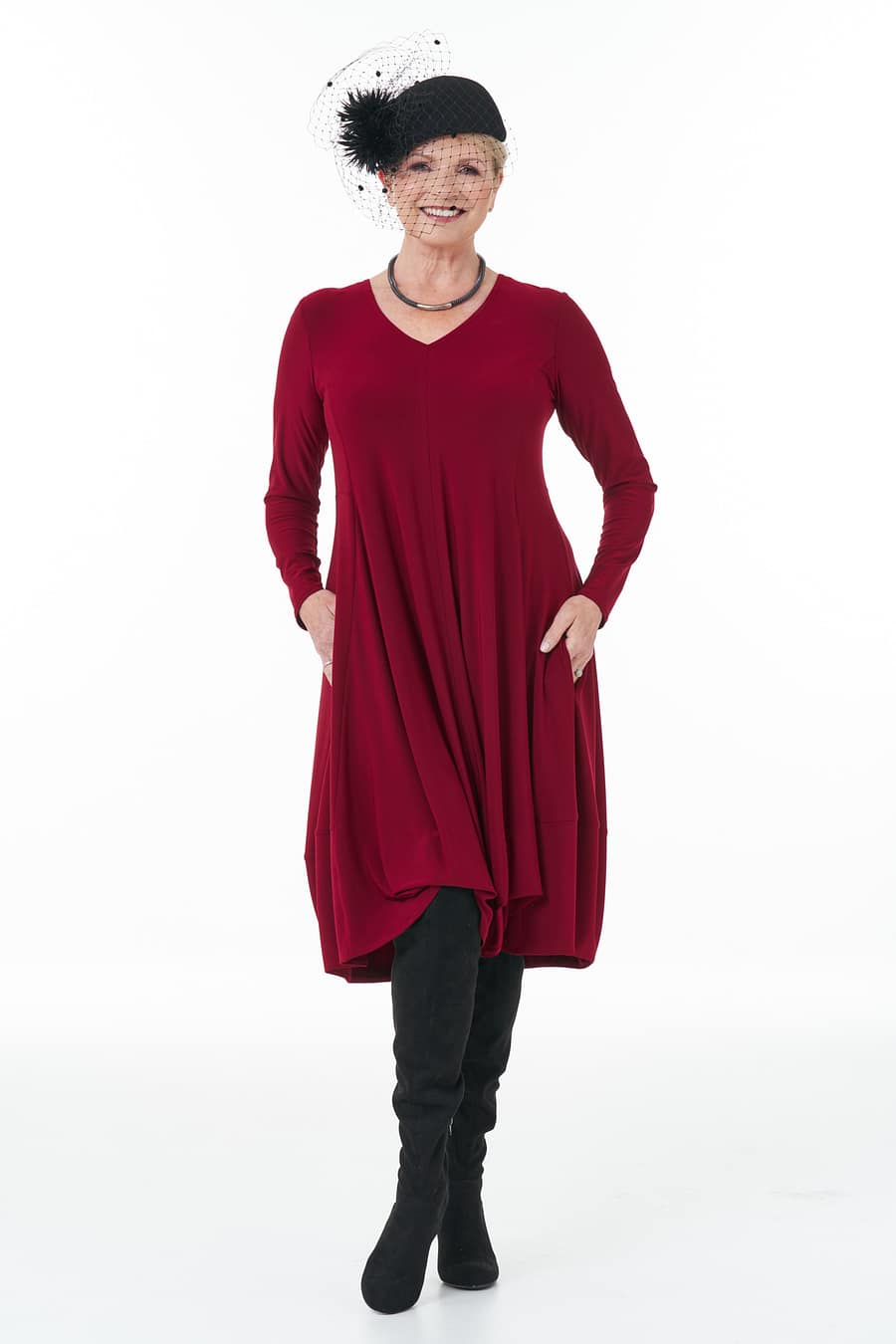 Long Sleeve Knit Bubble Dress in Wine casual Chic Collection
