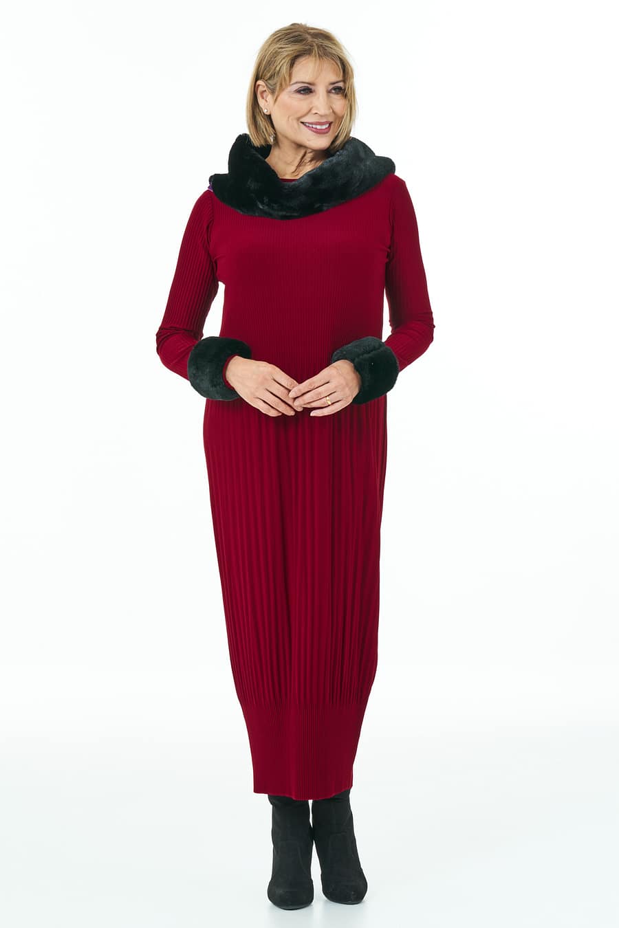 Christmas outfit Long Sleeved Pleated Knit Dress in Wine Casual Chic Collection with Accessories