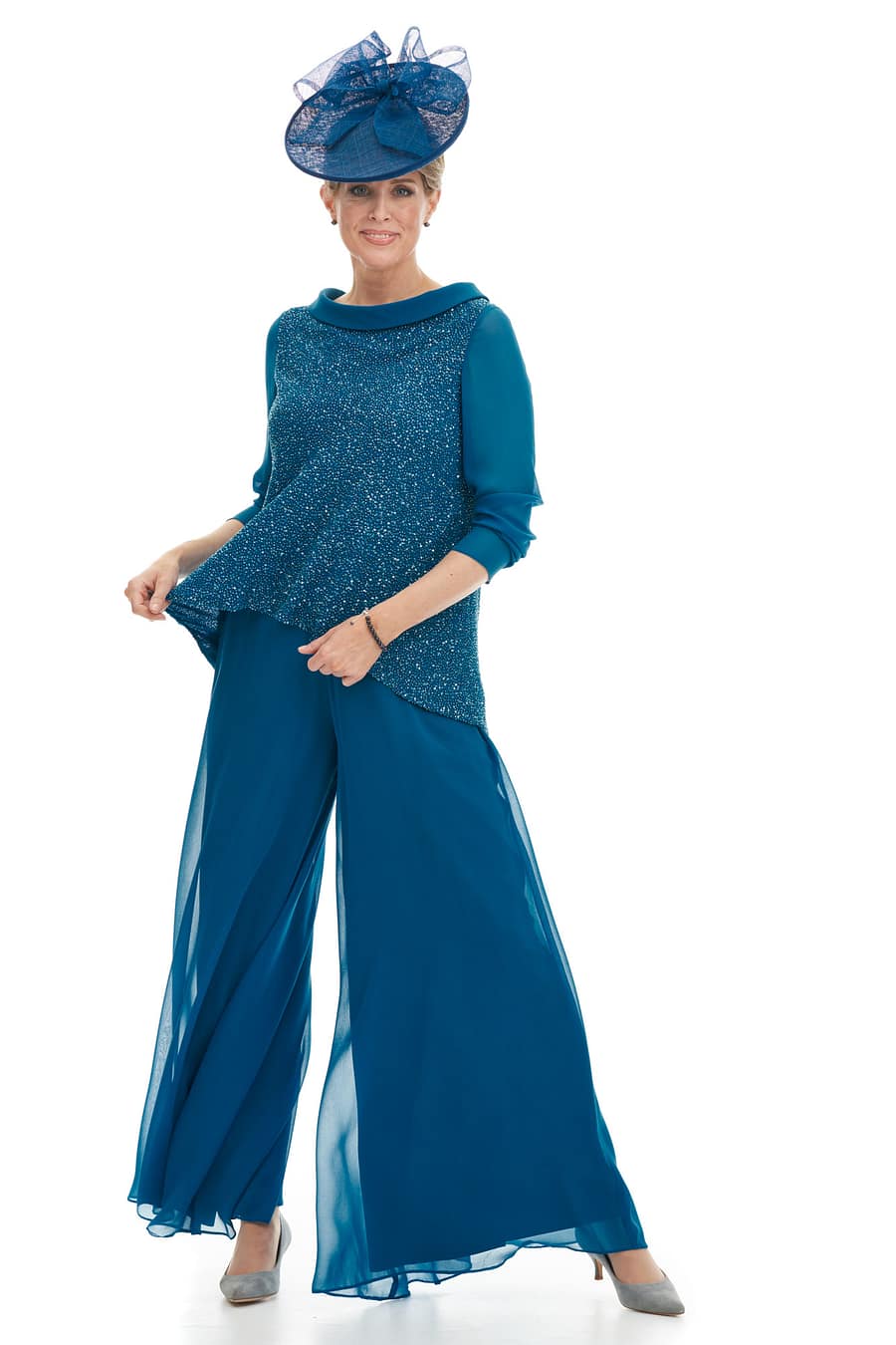 Hand beaded tunic over silk chiffon palazzo pants