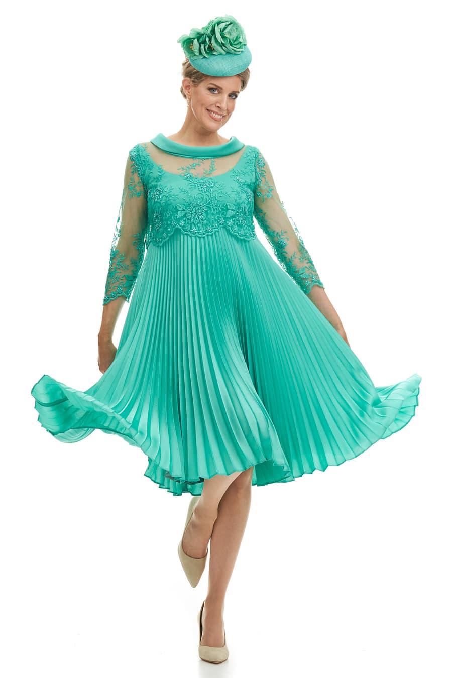 Short Sunray Pleat Dress With Cop Lace Bodice