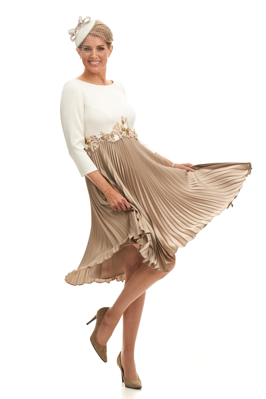 Sunray Pleat Short Dress With Appliqué Detail At Waist