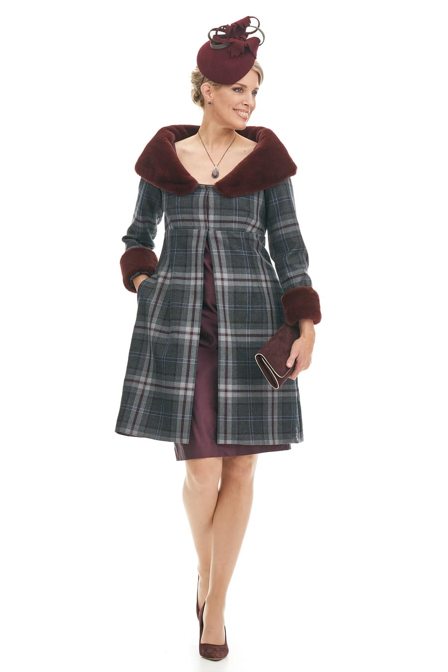 Tartan Wool Coat With Faux Fur Collar And Silk Dress