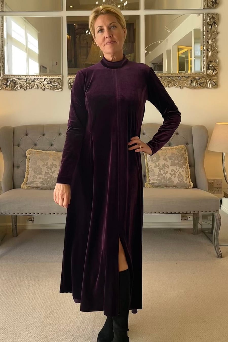 Purple Velvet Dress Maxi with Long sleeves and chic leg slit