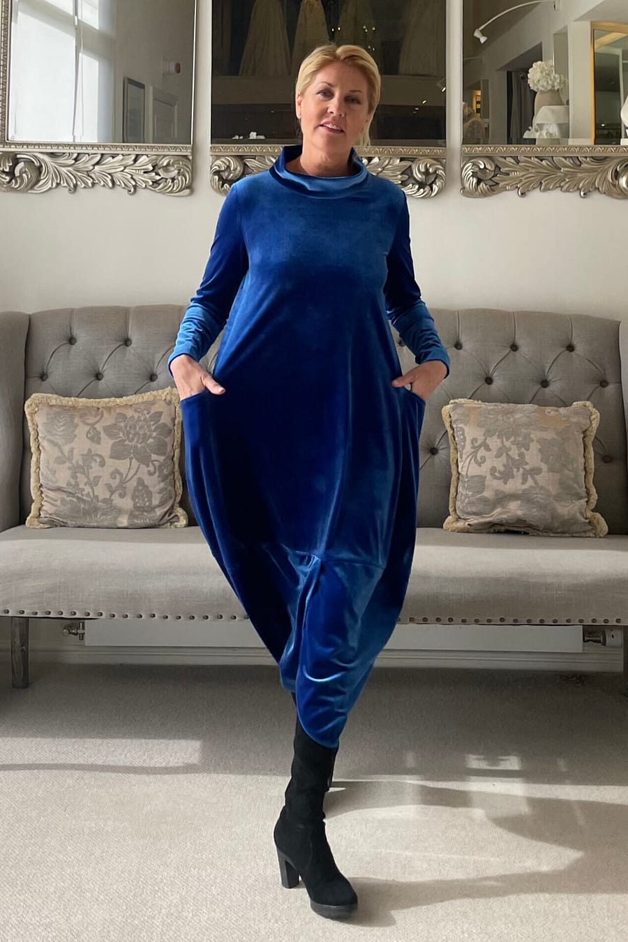 Autumn Special Offer Model in brilliant blue velvet dress