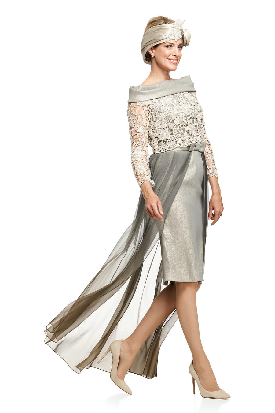 3 Piece Lamé Dress with Guipure Top and Overskirt