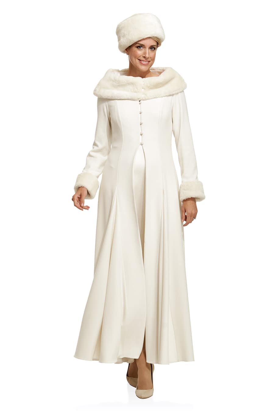 Swing Coat with Detachable Fur Collar and Cuffs